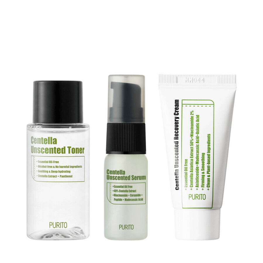 Purito Centella Unscented Mini Kit, tónico, 30 ml + sérum, 15 ml + crema, 12 ml