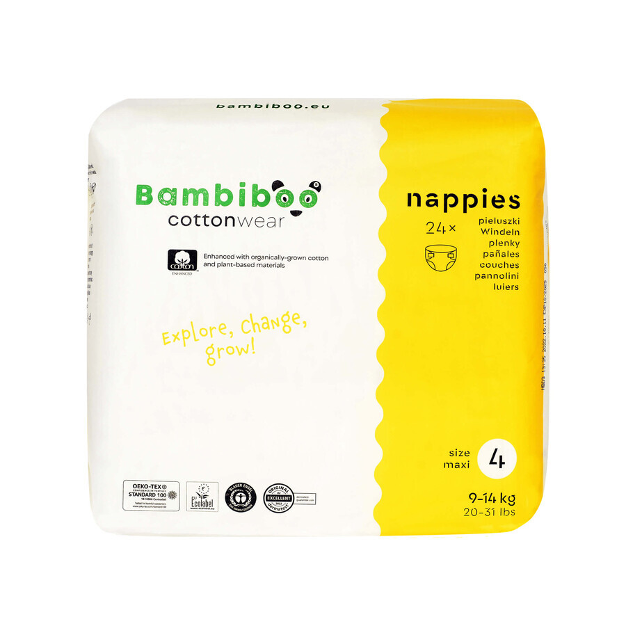 Bambiboo Cottonwear, couches jetables en coton biologique, Maxi, taille 4, 9-14 kg, 28 pièces