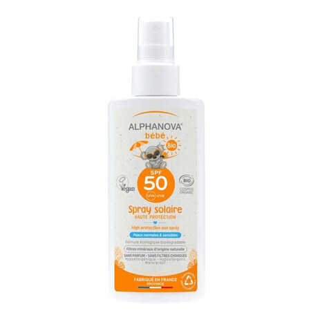 Alphanova Bebe, spray de protecție solară pentru bebeluși și copii, hipoalergenic, SPF 50, 125 g