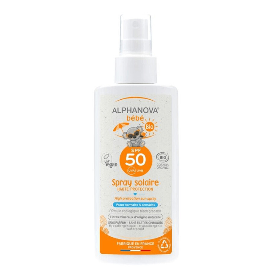 Alphanova Bebe, spray de protecție solară pentru bebeluși și copii, hipoalergenic, SPF 50, 125 g