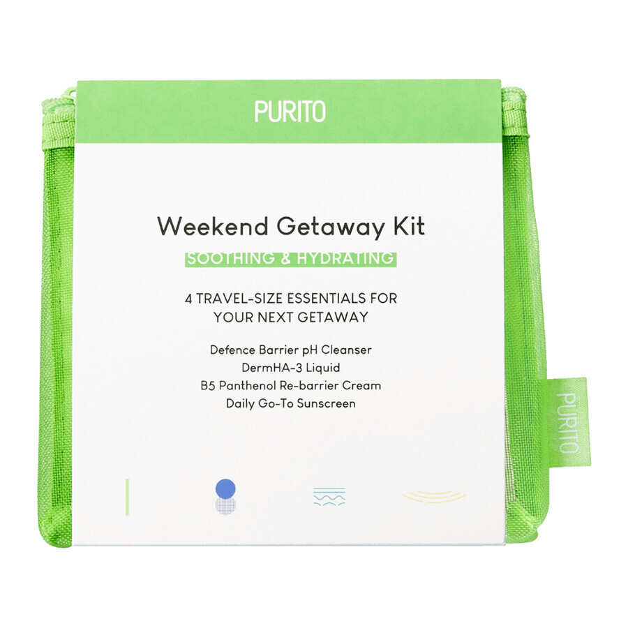 Set Purito Weekend Getaway, gel de curățare delicată, 30 ml + toner hidratant și calmant, 20 ml + cremă hidratantă, 15 ml + protecție solară, SPF 50+, 15 ml + trusă de machiaj