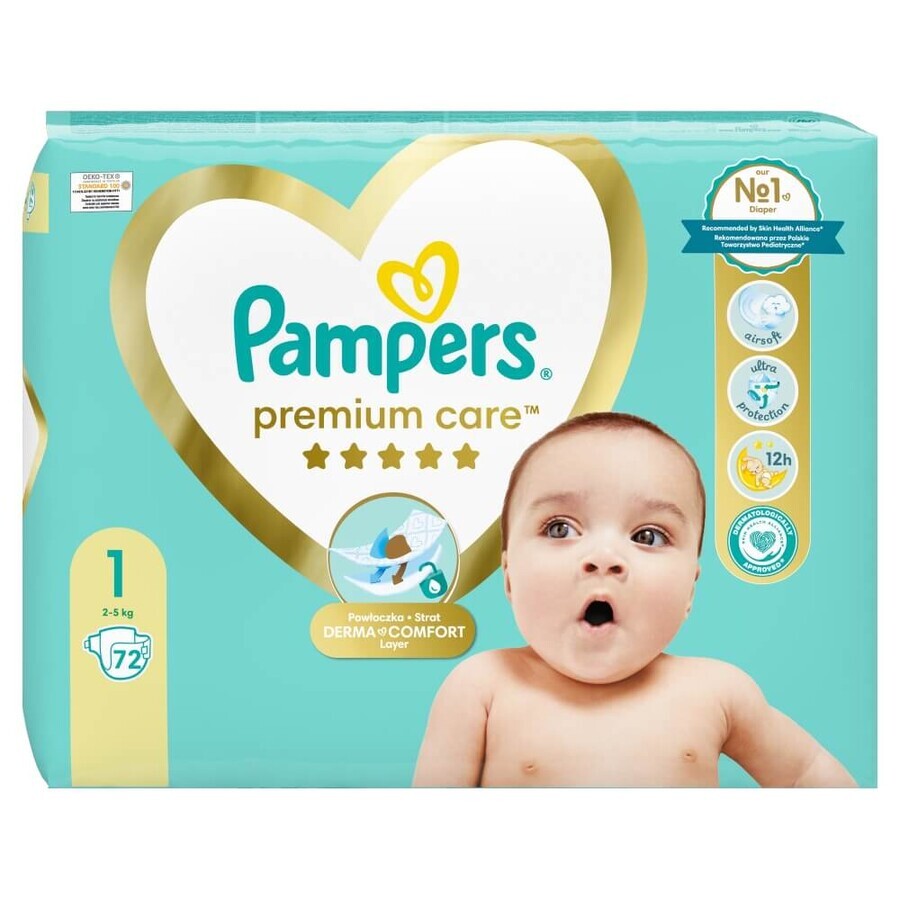 Pampers Premium Care, couches taille 1, 2-5 kg, 72 pièces