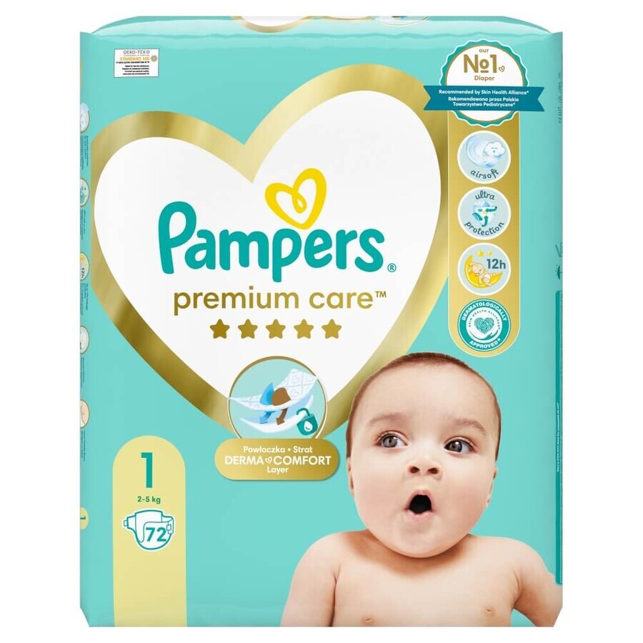 Pampers Premium Care, couches taille 1, 2-5 kg, 72 pièces