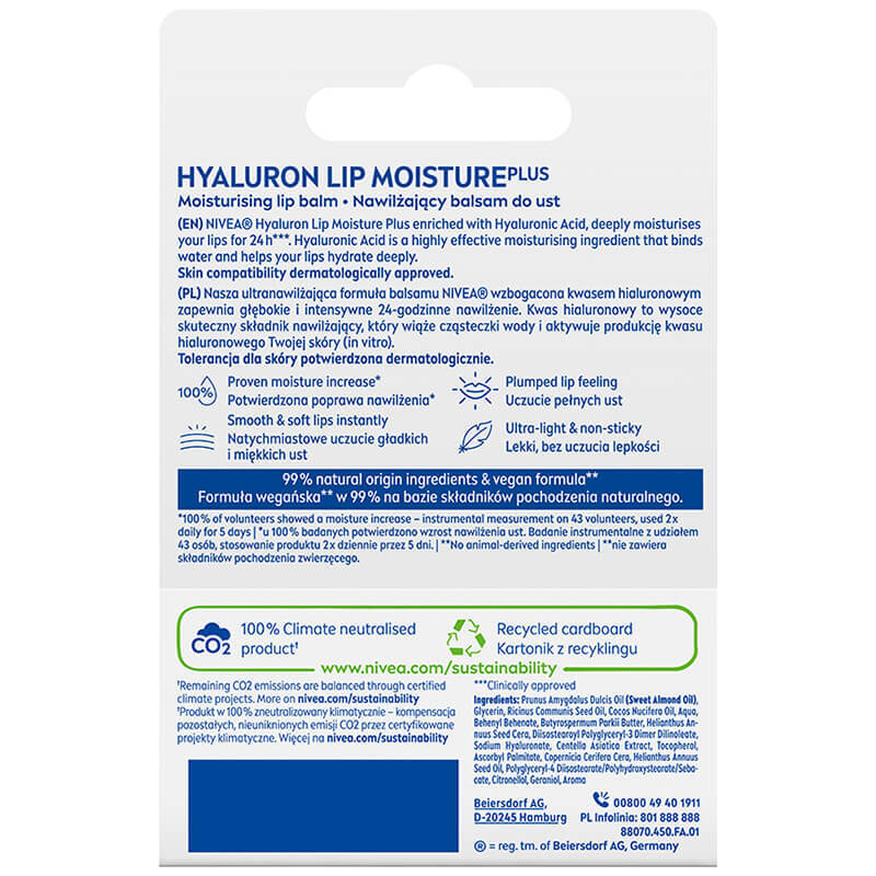 Nivea Hyaluron, balsam de buze transparent, 5,2 g