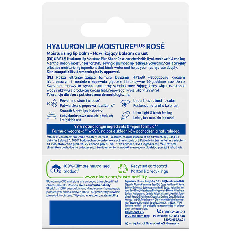 Nivea Hyaluron, Balsam de buze, Sheer Rose, 5.2 g