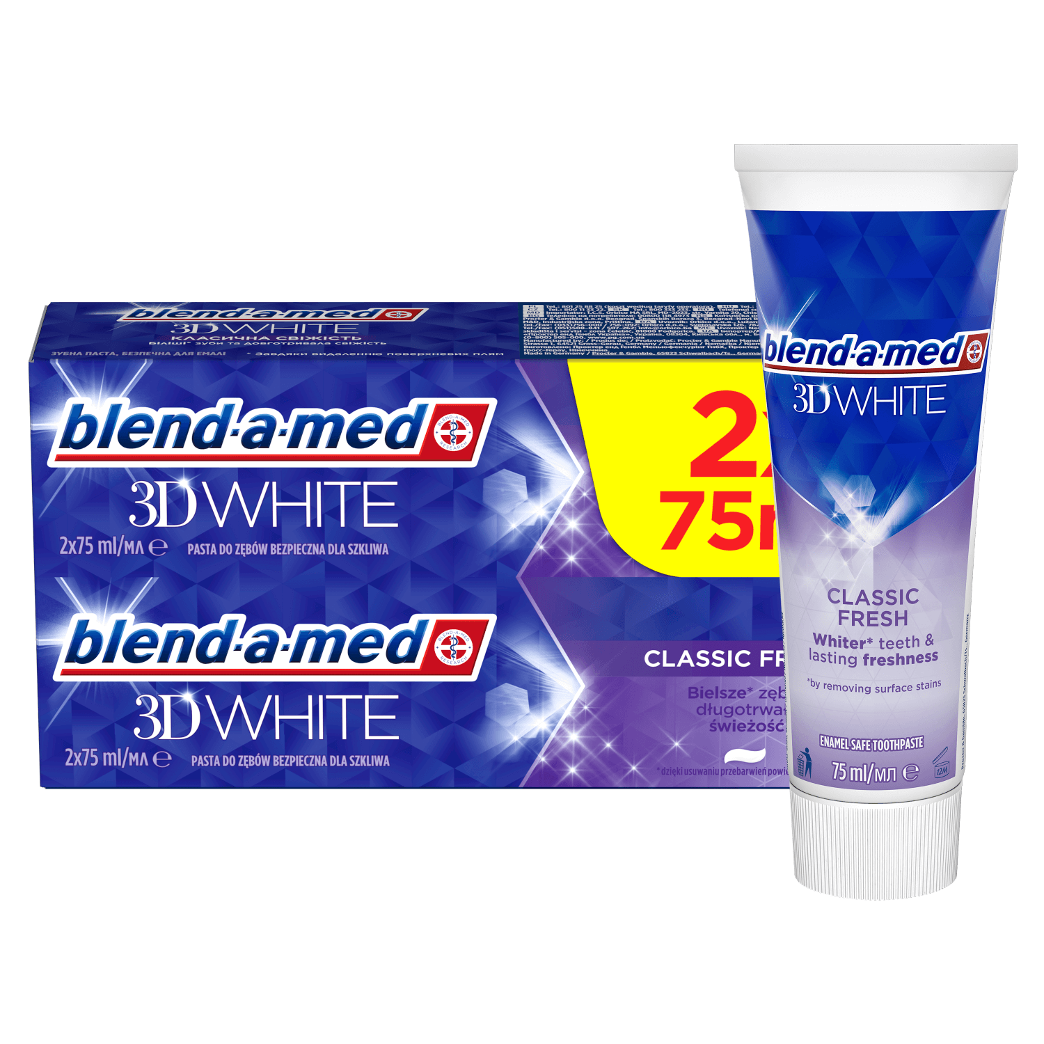 Blend-a-med 3D White, pastă de dinți, Classic Fresh, 2 x 75 ml