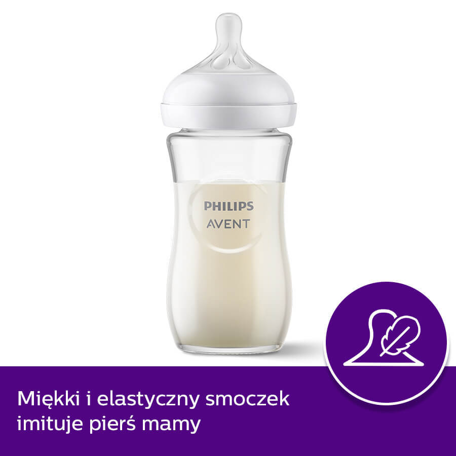 Avent Natural Response, biberon de sticlă cu tetină reactivă, debit 3, SCY933/01, după 1 lună, 240 ml 