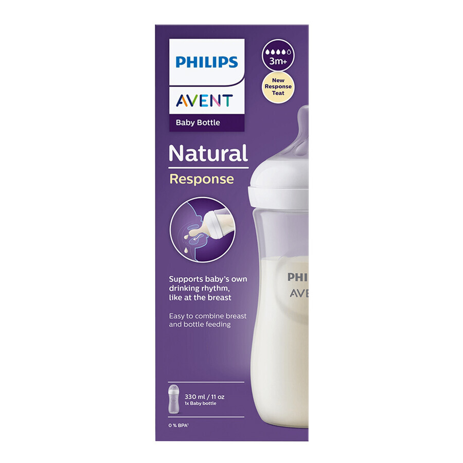 Avent Natural Response, biberon cu tetină reactivă, debit 4, SCY906/01, după 3 luni, 330 ml 