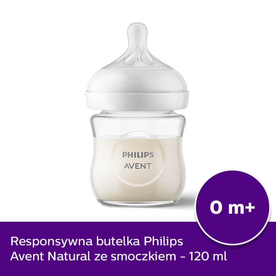 Avent Natural Response, biberon de sticlă cu tetină reactivă, debit 2, SCY930/01, de la naștere, 120ml 