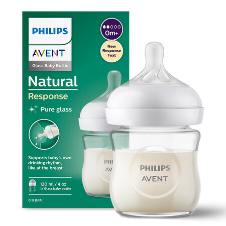 Avent Natural Response, biberon de sticlă cu tetină reactivă, debit 2, SCY930/01, de la naștere, 120ml 