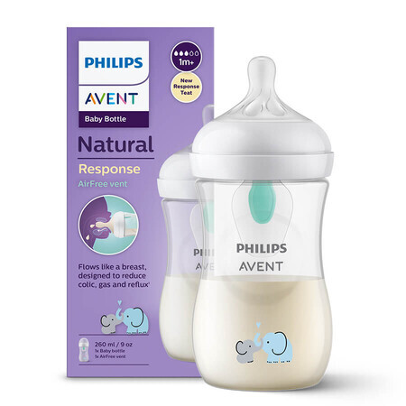 Avent Natural Response Reactive Teat Bottle with AirFree Valve, Elephant, Flow 3, SCY673/81, After 1 Month, 260ml