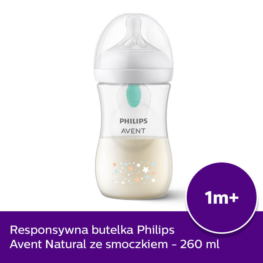 Avent Natural Response, biberon cu tetină reactivă, cu supapă AirFree, ursuleț de pluș, debit 3, SCY673/82, după 1 lună, 260 ml