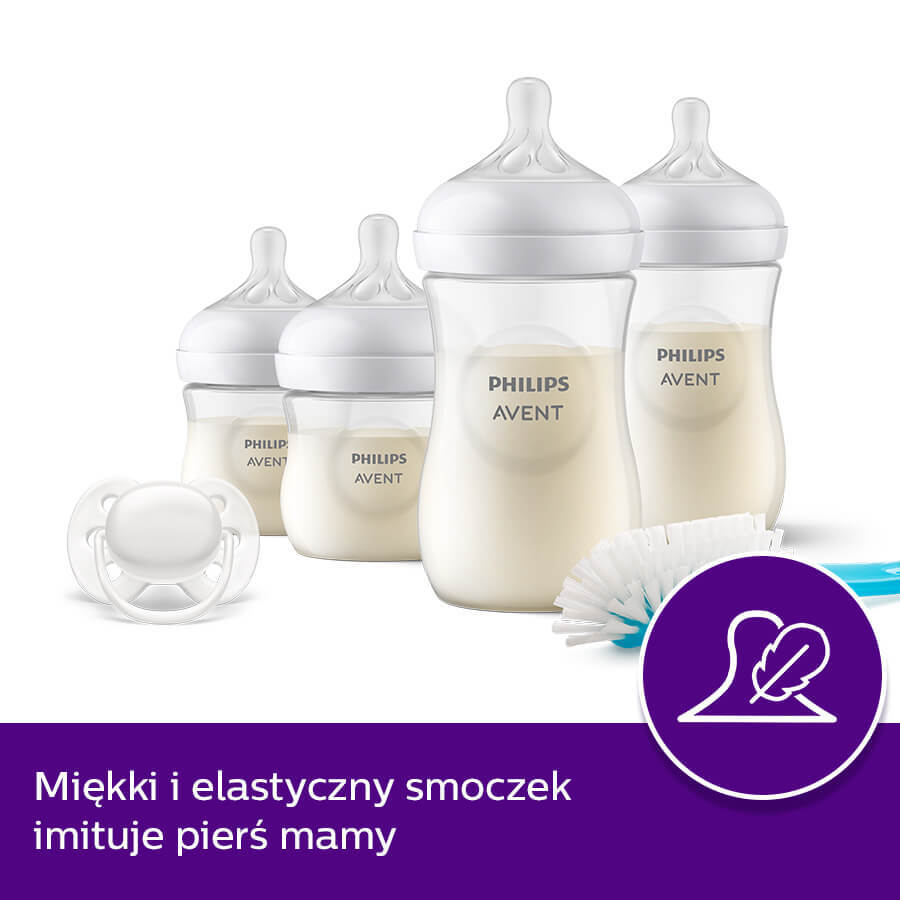 Avent Natural Response, set de 4 biberoane sensibile + perie de curățare + suzetă ultra moale, SCD838/11