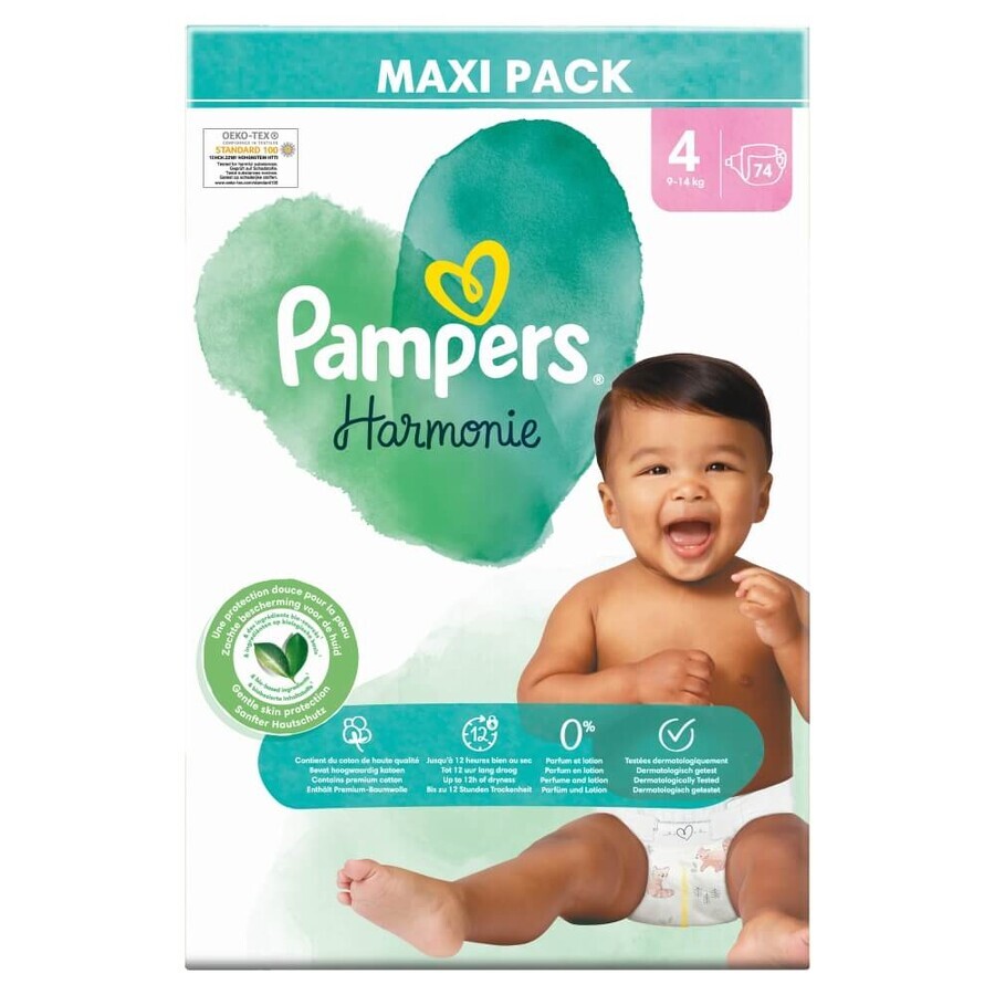 Pampers Harmonie, couches taille 4, 9-14 kg, 74 pcs