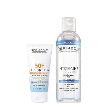 Set Dermedic Sunbrella, Cremă de protecție pentru față, piele uscată și normală, SPF 50+, 50 g + Loțiune micelară H2O, piele deshidratată și uscată, 100 ml