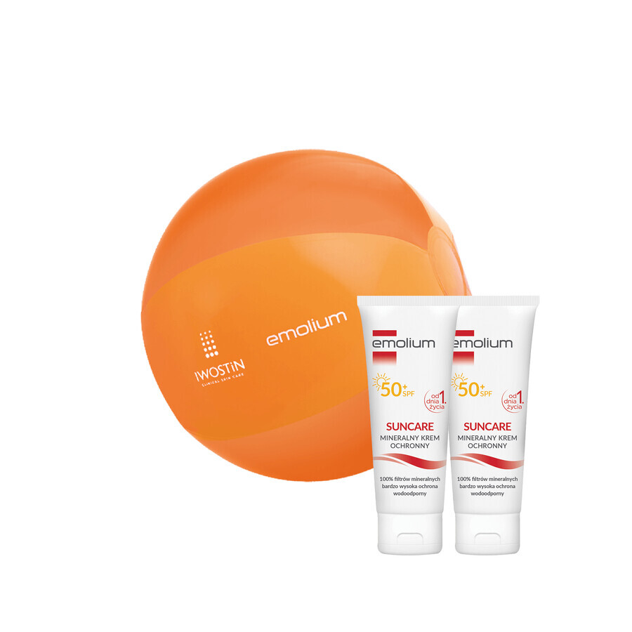 Set Emolium Suncare, cremă cu protecție minerală pentru copii din prima zi și adulți, SPF 50+, 2 x 50 ml + minge de plajă gratuită