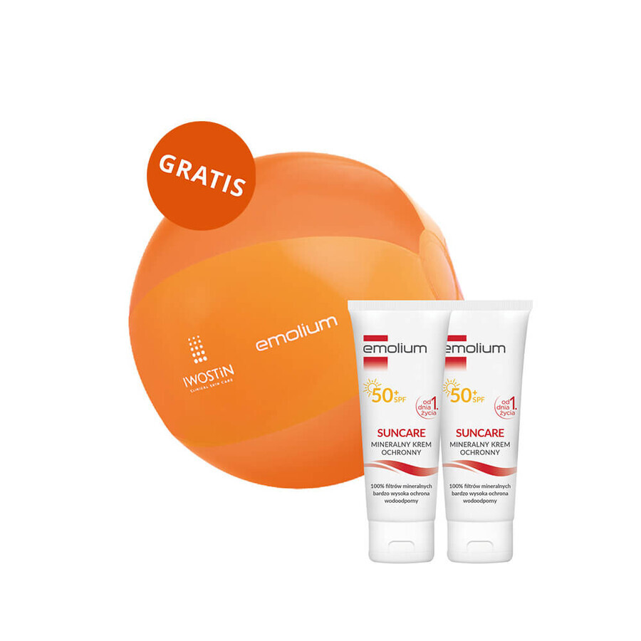 Set Emolium Suncare, cremă cu protecție minerală pentru copii din prima zi și adulți, SPF 50+, 2 x 50 ml + minge de plajă gratuită