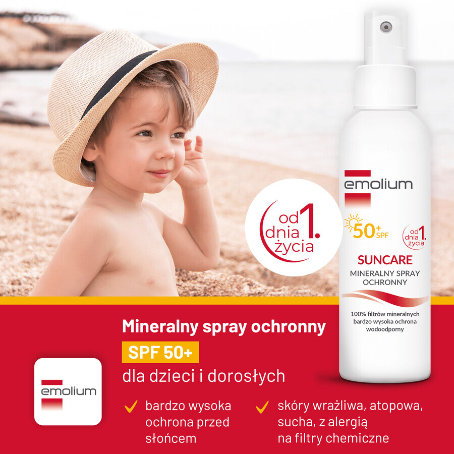 Emolium Set de protección solar, spray protector mineral para niños a partir de 1 día y adultos, SPF 50+, 2 x 100 ml + pelota de playa de regalo