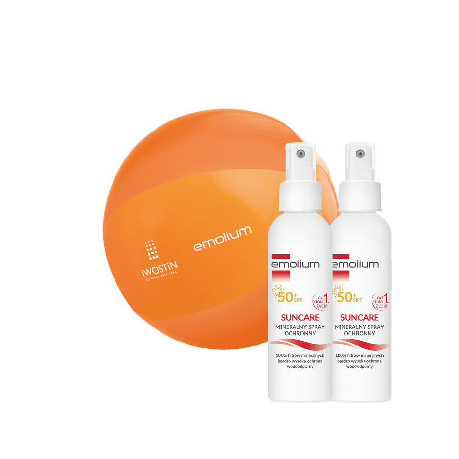 Emolium Set de protección solar, spray protector mineral para niños a partir de 1 día y adultos, SPF 50+, 2 x 100 ml + pelota de playa de regalo