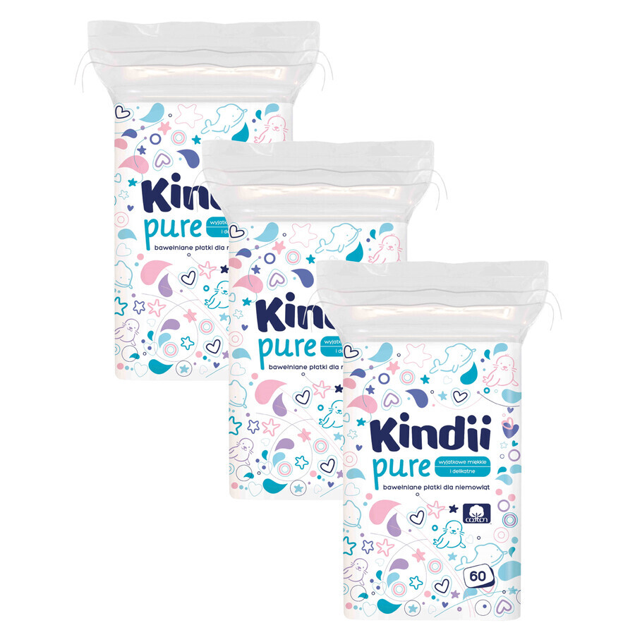 Set Kindii Pure, tampoane de bumbac pentru copii, 3 x 60 bucăți