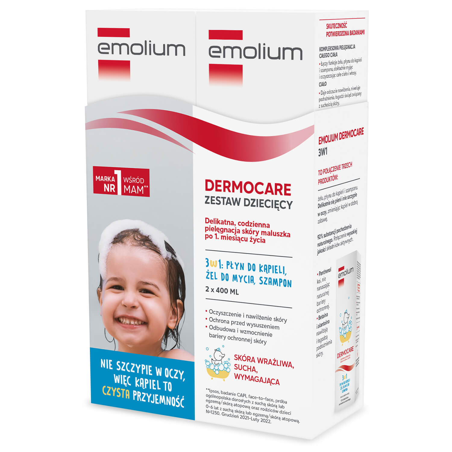 Emolium Dermocare set 3 în 1, loțiune de baie, gel de spălare, șampon, 2 x 400 ml