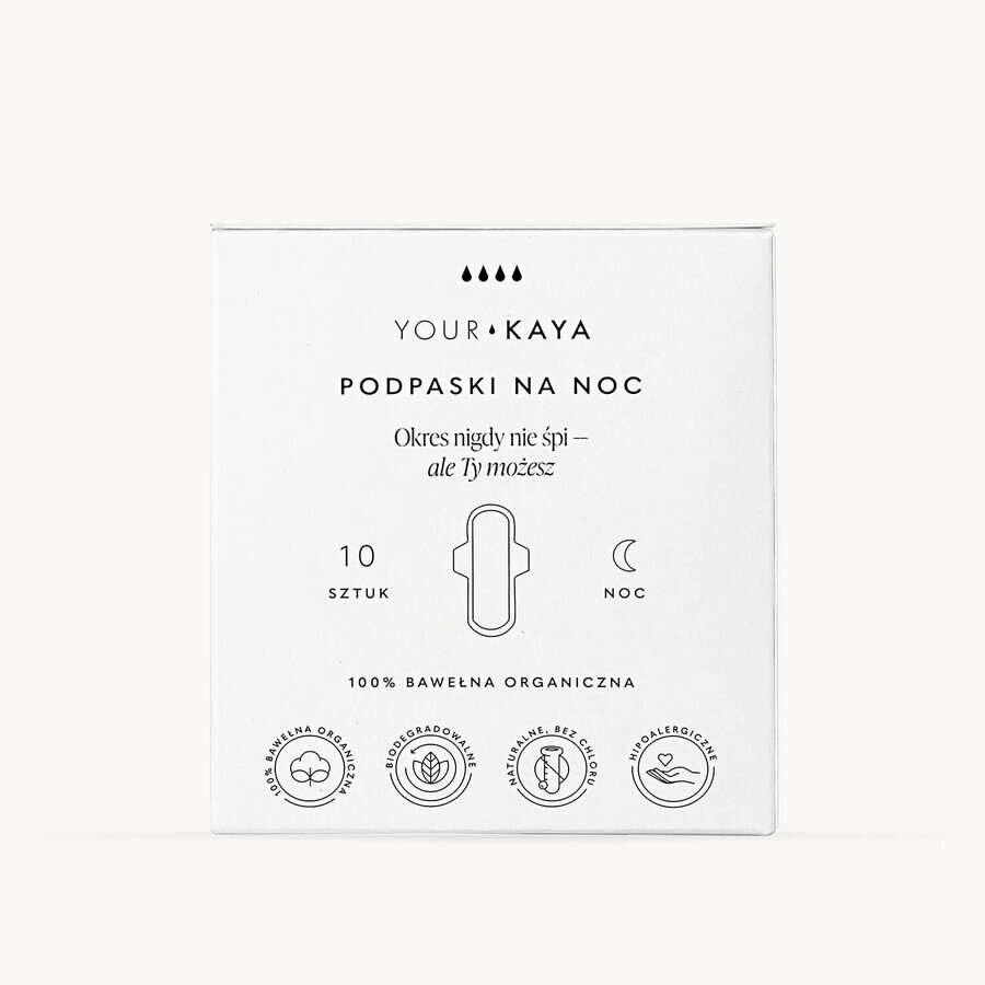 Your KAYA, serviettes hygiéniques en coton biologique, avec ailettes, pour la nuit, 10 pièces