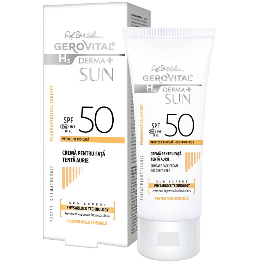 Crema pentru fata SPF50 tenta aurie Gerovital H3 Derma+ Sun, 50ml, Farmec