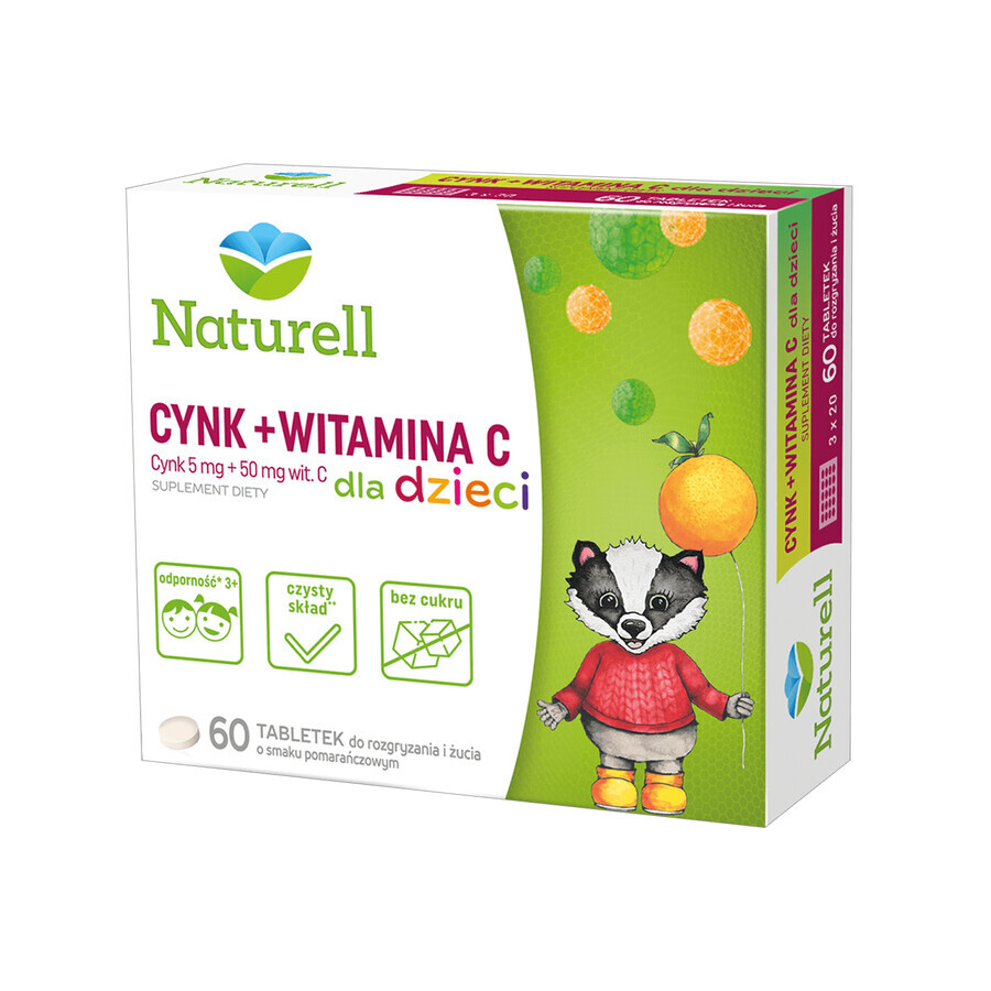 Naturell Zinc + Vitamina C pentru copii, aromă de portocale, 60 comprimate masticabile