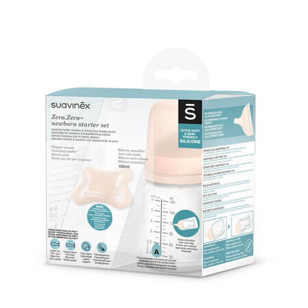 Suavinex Zero Zero set, feeding bottle with adjustable silicone teat, 180 ml + SX Pro physiological teat, for premature babies and newborns up to 2 months, 1 pc