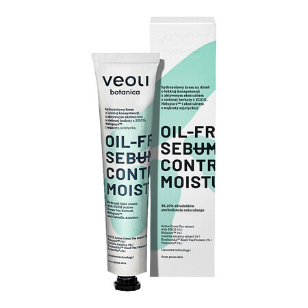 Veoli Botanica Oil-Free Sebum Control Moisturizer, crema de día de hidrogel con extracto activo de té verde con EGCG, Nelupure y extracto de Centella Asiática, 50 ml