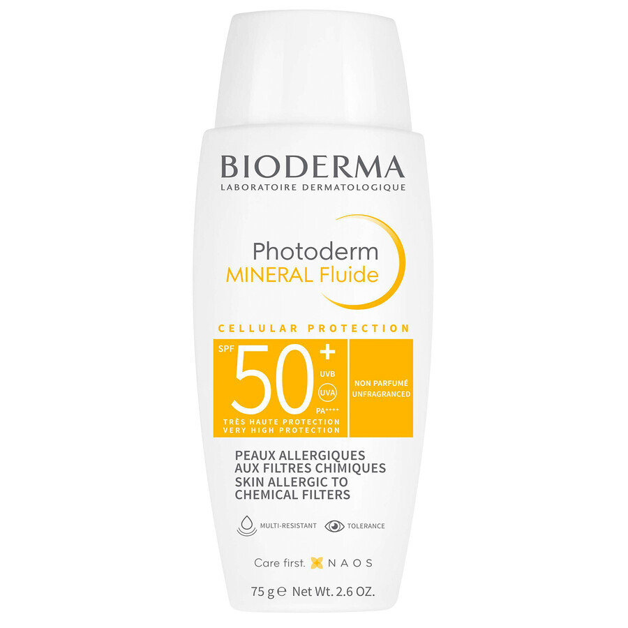 Bioderma Photoderm Fluido Mineral, fluido mineral protector, FPS 50+, 75 g + gel-crema calmante prolongador del bronceado, 100 ml