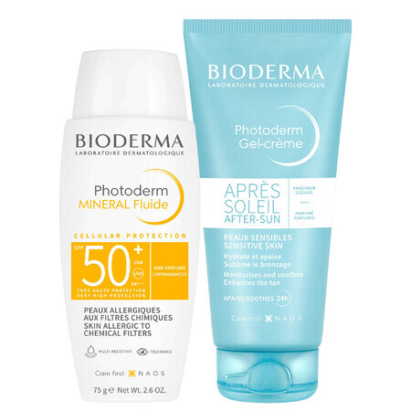 Bioderma Photoderm Fluido Mineral, fluido mineral protector, FPS 50+, 75 g + gel-crema calmante prolongador del bronceado, 100 ml