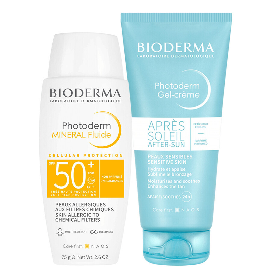 Bioderma Photoderm Fluido Mineral, fluido mineral protector, FPS 50+, 75 g + gel-crema calmante prolongador del bronceado, 100 ml