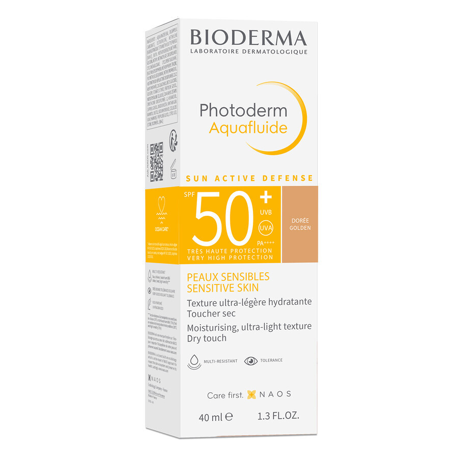 Set Bioderma Photoderm Aquafluide, fluid ultraușor pentru pielea sensibilă, nuanță închisă, SPF 50+, 40 ml + gel-cremă calmant pentru prelungirea bronzului, 100 ml