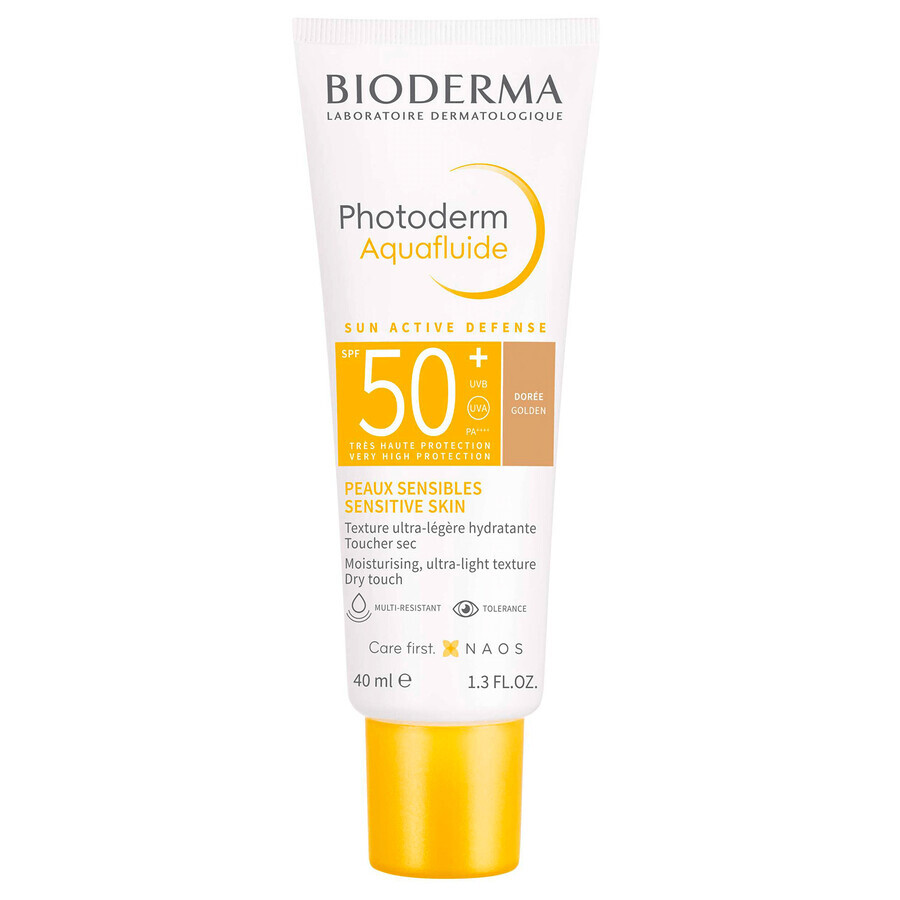 Set Bioderma Photoderm Aquafluide, fluid ultraușor pentru pielea sensibilă, nuanță închisă, SPF 50+, 40 ml + gel-cremă calmant pentru prelungirea bronzului, 100 ml