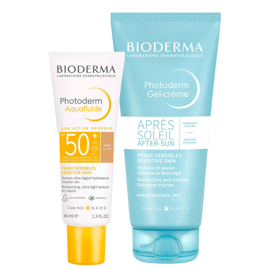 Set Bioderma Photoderm Aquafluide, fluid ultraușor pentru pielea sensibilă, nuanță închisă, SPF 50+, 40 ml + gel-cremă calmant pentru prelungirea bronzului, 100 ml