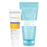 Bioderma Photoderm M set, crema protectora para pieles con tendencia a la decoloración, oscuras, SPF 50+, 40 ml + gel-crema calmante que prolonga el bronceado, 100 ml