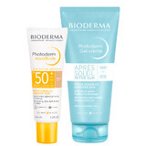 Bioderma Photoderm Aquafluide set, protector solar fluido ultraligero para pieles normales, ligera, SPF 50+, 40 ml + gel-crema calmante para prolongar el bronceado, 100 ml