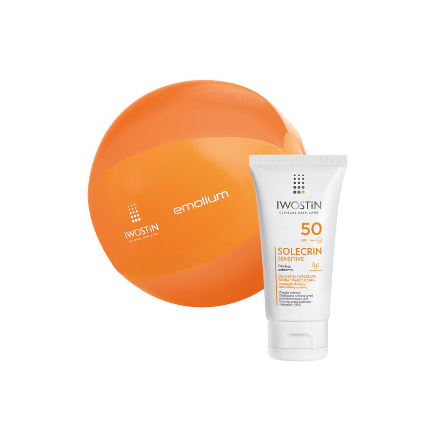 Iwostin Solecrin Sensitive, emulsione protettiva SPF 50, pelle sensibile, 100 ml + pallone da spiaggia in omaggio