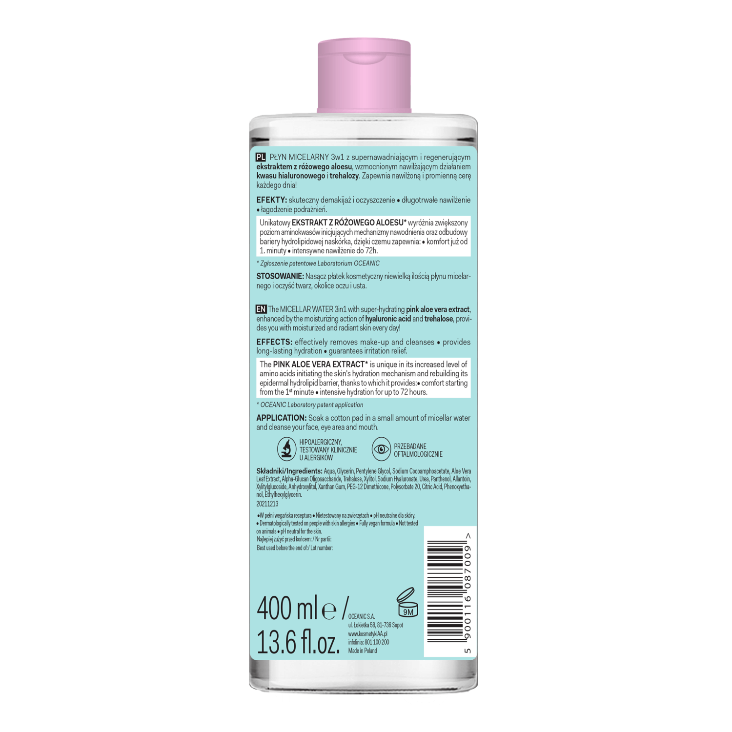 AA Aloe Pink, loțiune micelară 3în1, toate tipurile de piele, 400 ml