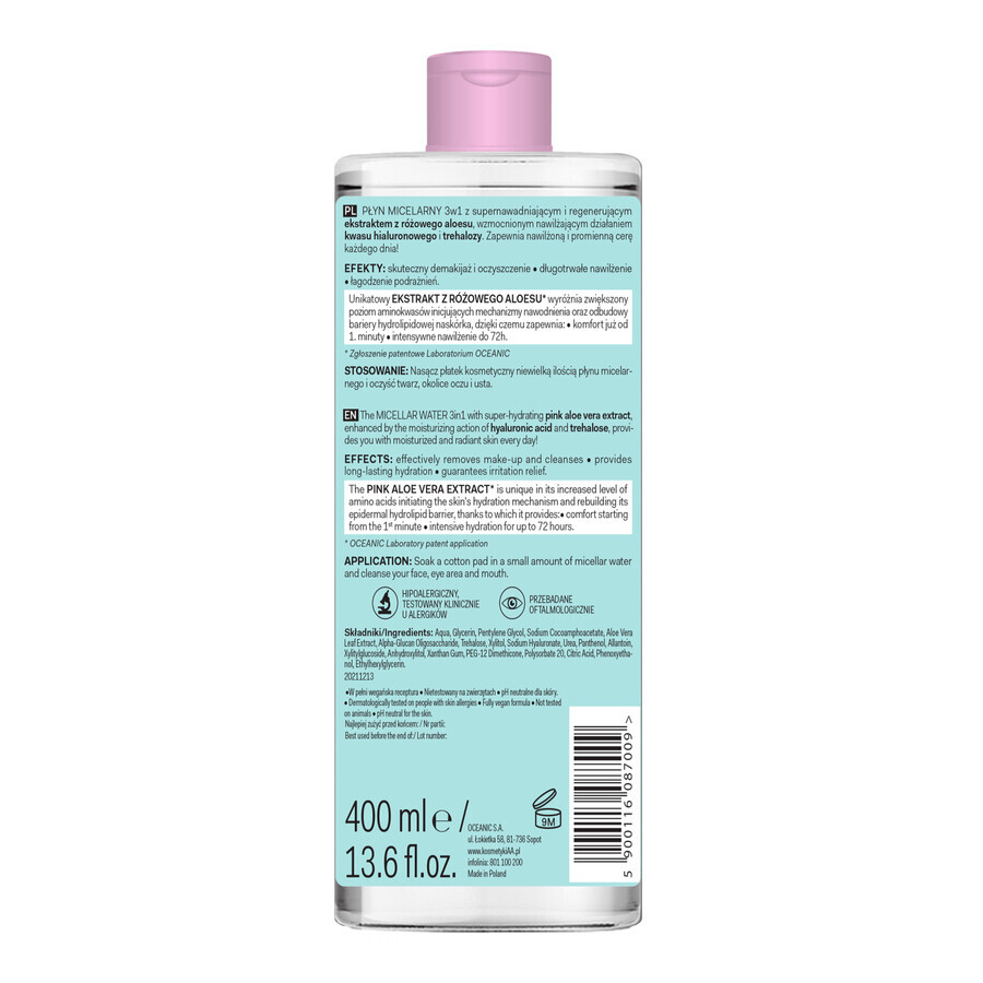 AA Aloe Pink, lotion micellaire 3en1, tous types de peau, 400 ml