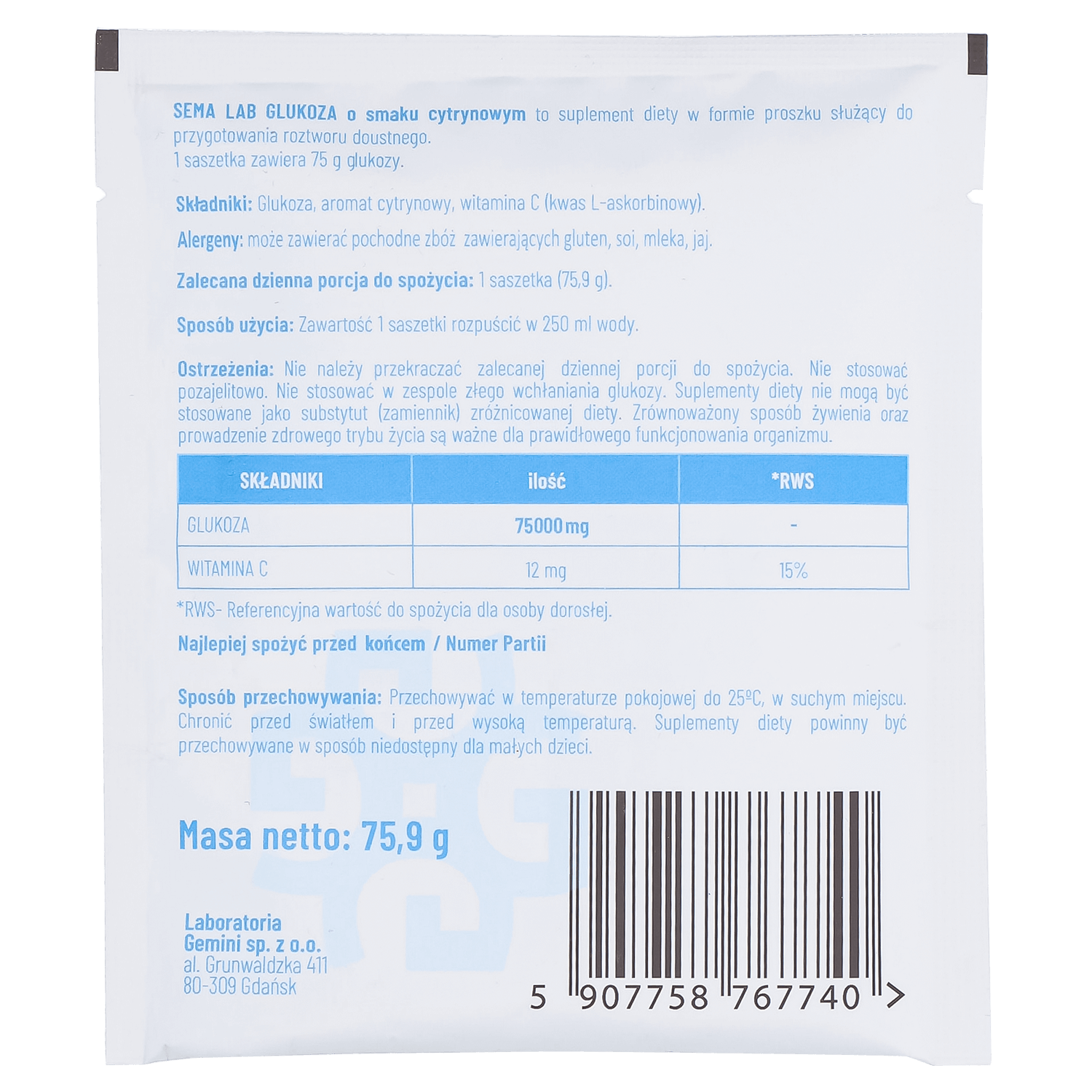 SEMA Lab Glucoză, pulbere pentru soluție orală, aromă de lămâie, 75.9 g