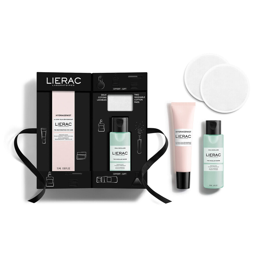 Set Lierac Hydragenist, cremă de ochi, 15 ml + apă micelară, 50 ml + tampoane cosmetice, 2 bucăți cadou