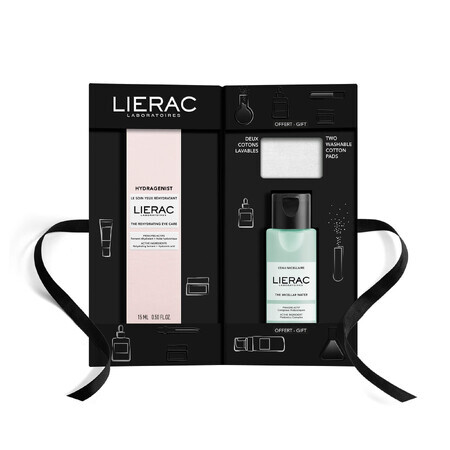 Set Lierac Hydragenist, cremă de ochi, 15 ml + apă micelară, 50 ml + tampoane cosmetice, 2 bucăți cadou