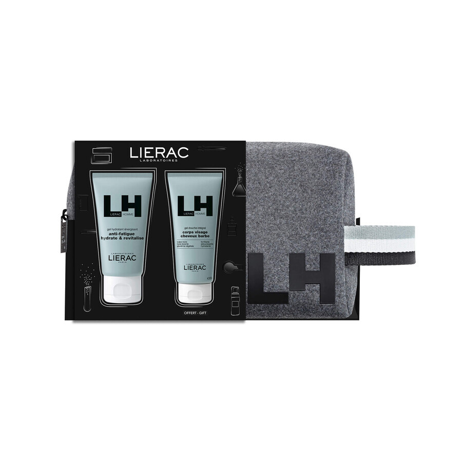 Set Lierac Homme, gel de față energizant, 50 ml + gel de duș multifuncțional, 50 ml + geantă cosmetică cadou