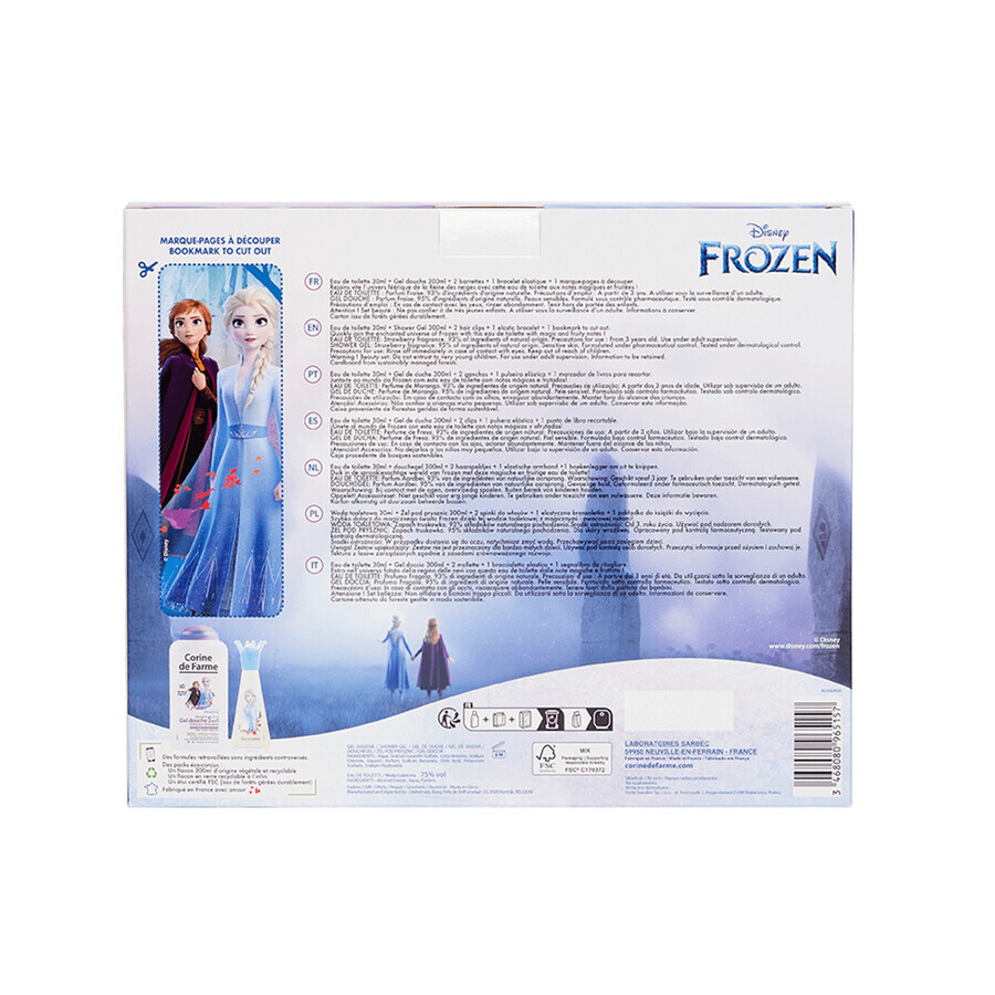 Set Corine De Farme Disney Frozen, apă de toaletă, 30 ml + gel de duș, 300 ml + agrafe de păr, 2 bucăți + brățară, 1 bucată