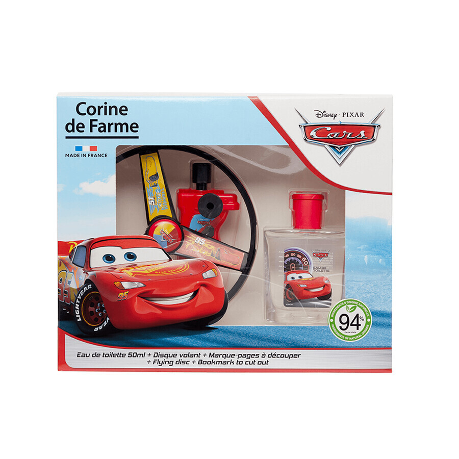 Set Corine De Farme Disney Cars, apă de toaletă, 50 ml + disc zburător, 1 buc + semn de carte decupat, 1 buc