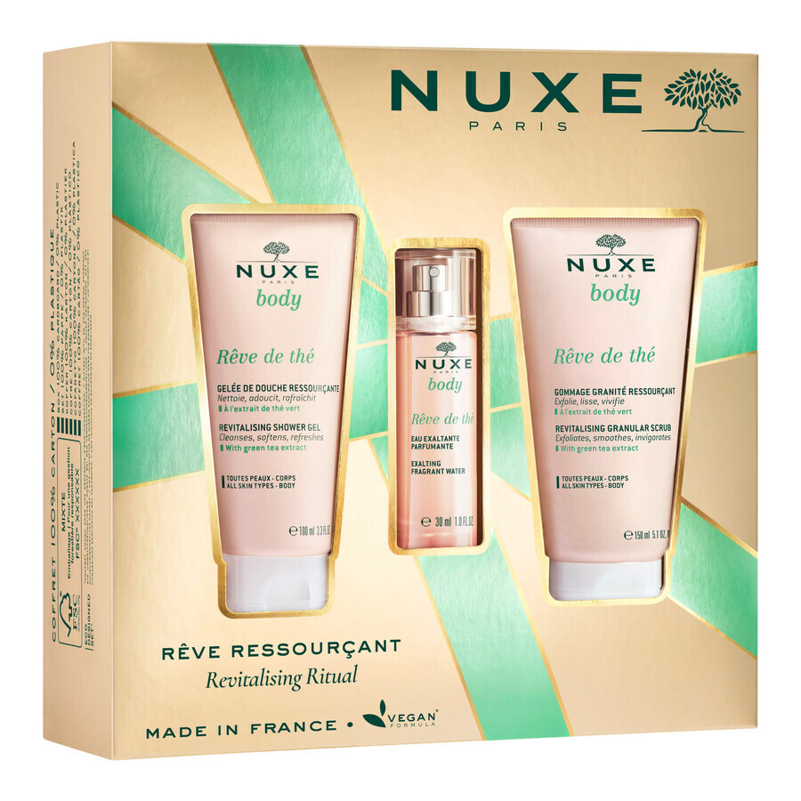 Set Nuxe Body Reve de the, revitalizing shower gel, 100 ml + revitalizing body scrub, 150 ml + perfumed water, 30 ml