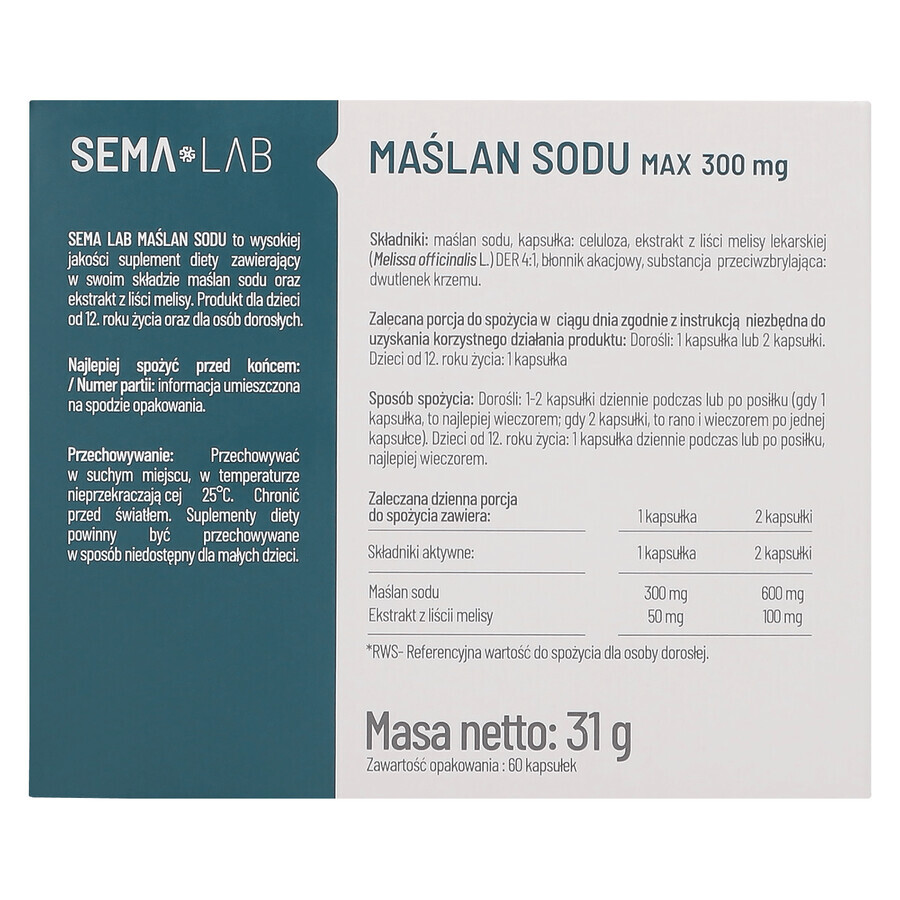 SEMA Lab Natriumbutyrat Max 300 mg, 60 Kapseln mit verzögerter Wirkstofffreisetzung