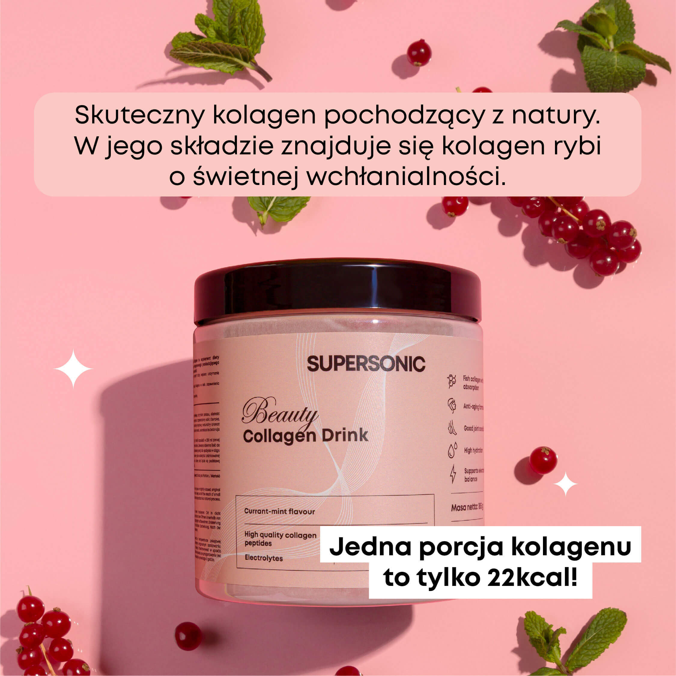 Supersonic Beauty Collagen Drink, aromă de coacăze și mentă, 185 g